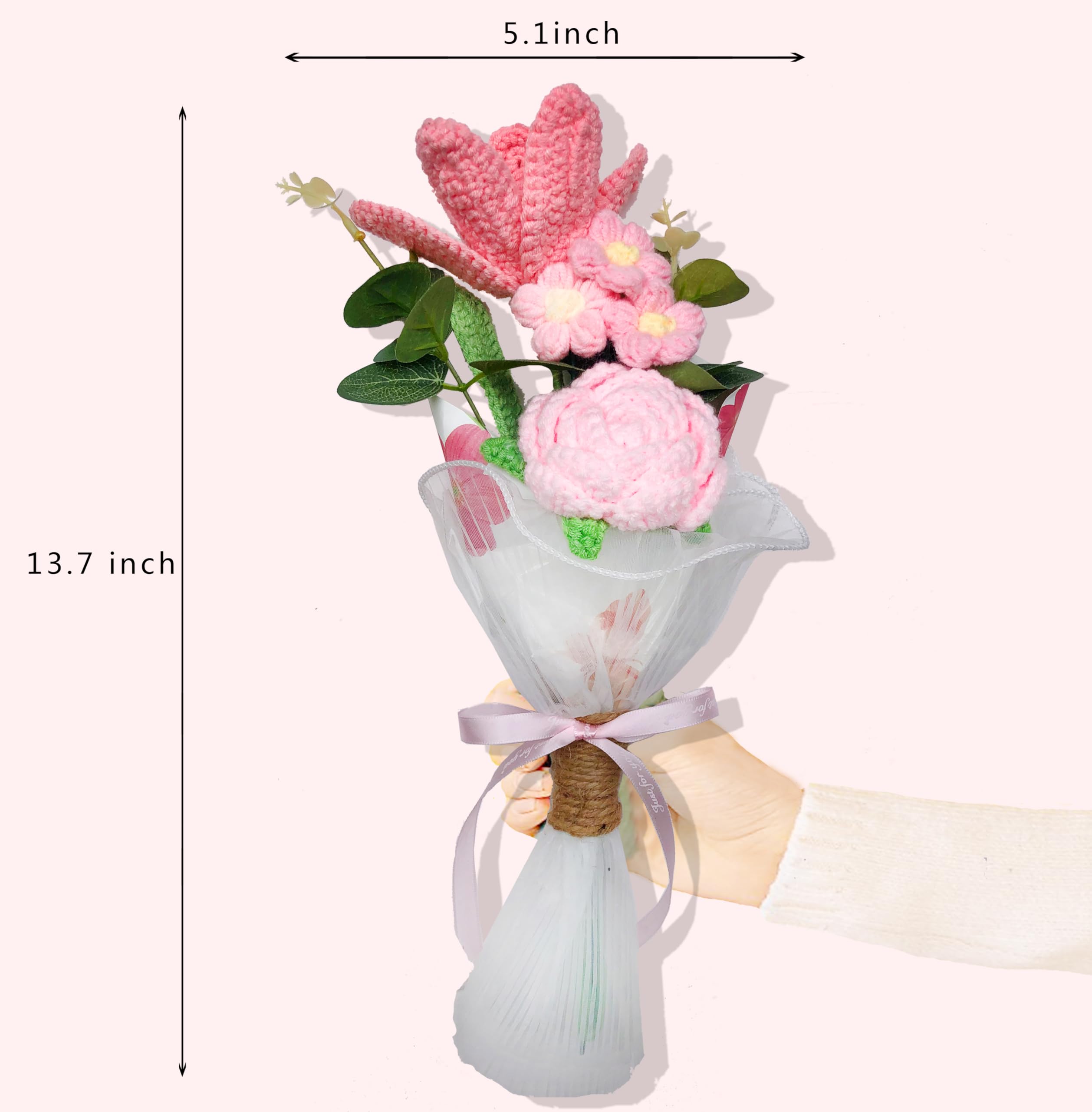 Handmade Crochet Flowers Bouquet with Pink Roses, Pink Tulips, Pink Daisy for Holiday, Birthday, Home Decor
