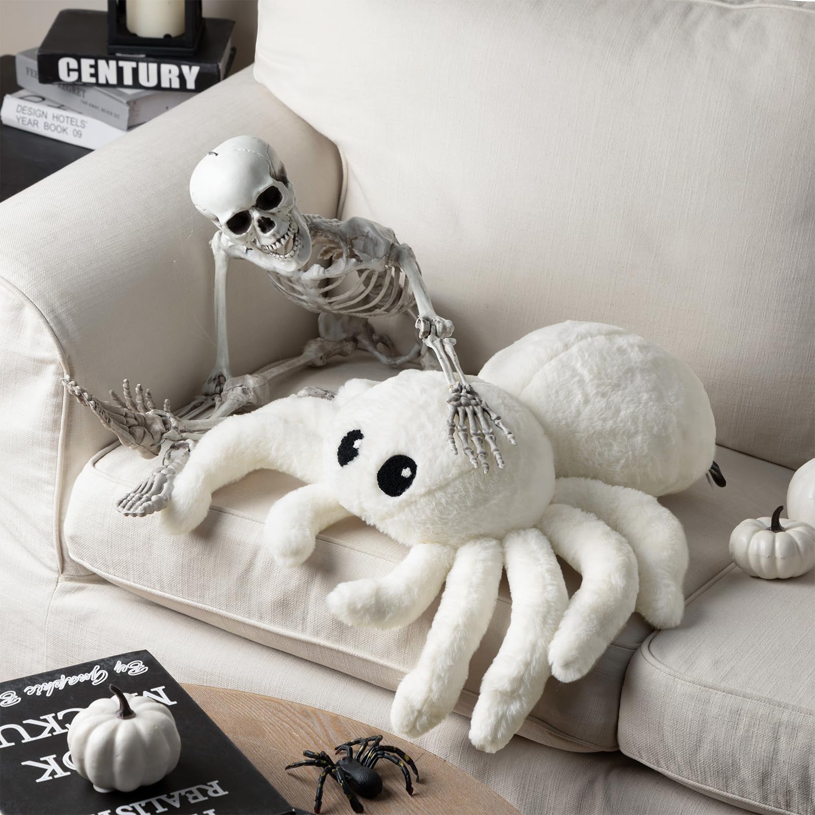 Happy Halloween Spider Shaped Throw Pillow, Faux Fur Fluffy Tarantula Shaped Halloween Cushion Pillow, White, 9 x 16 inch