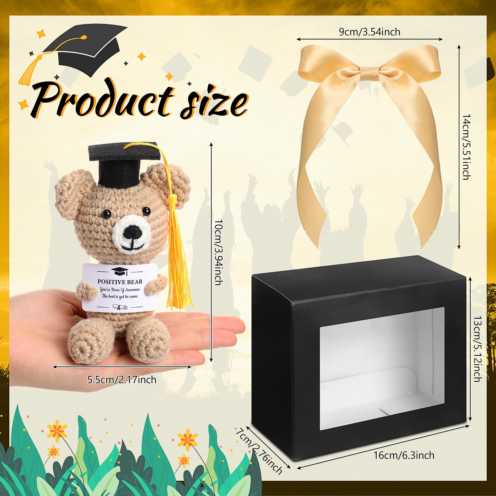 Bear Handmade gift Graduation Positive Crochet Animals Gifts Set Grad Emotional Crochet Dolls with Positive Messages Graduation Stuffed Animal of 2025 Grad Gifts for High School College