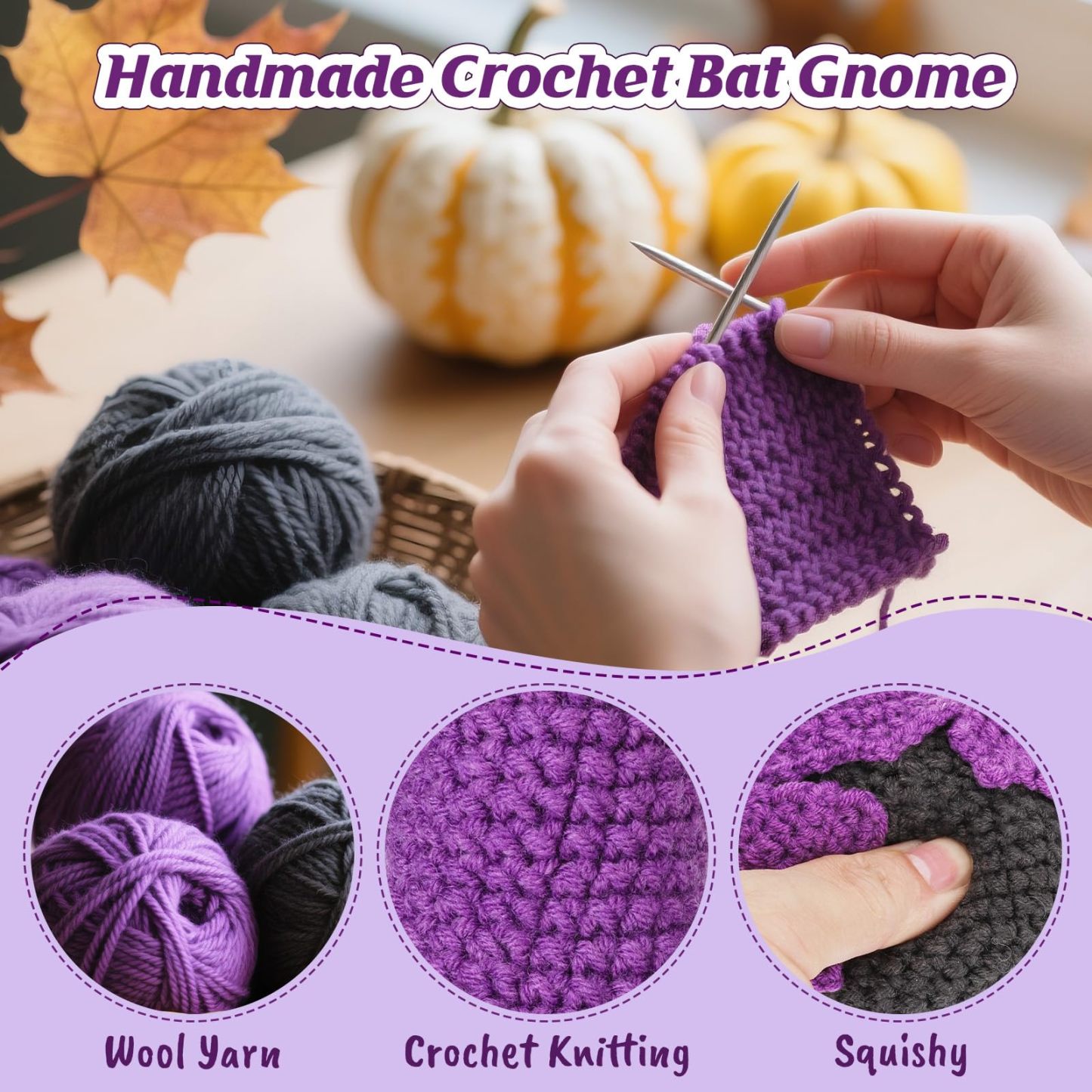 Halloween Bat Doll Gnome Gift for Coworkers Handmade Crochet Purple Gnome Holding Positive Note Halloween Treats Non Candy 