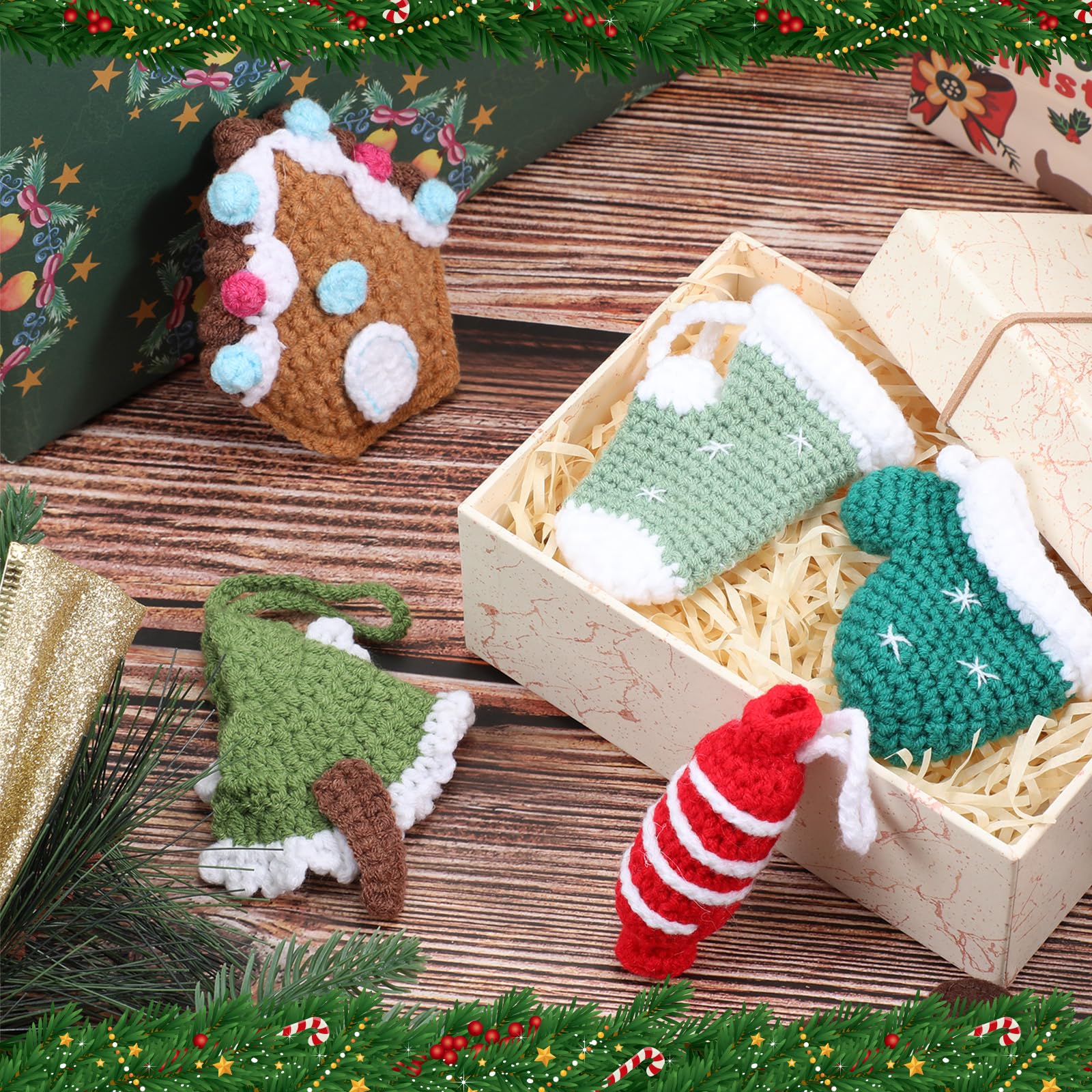 5 Pcs Handmade Crochet Christmas Tree Ornament Set Knitted Hanging Decor Stockings Candy Gloves Ornament