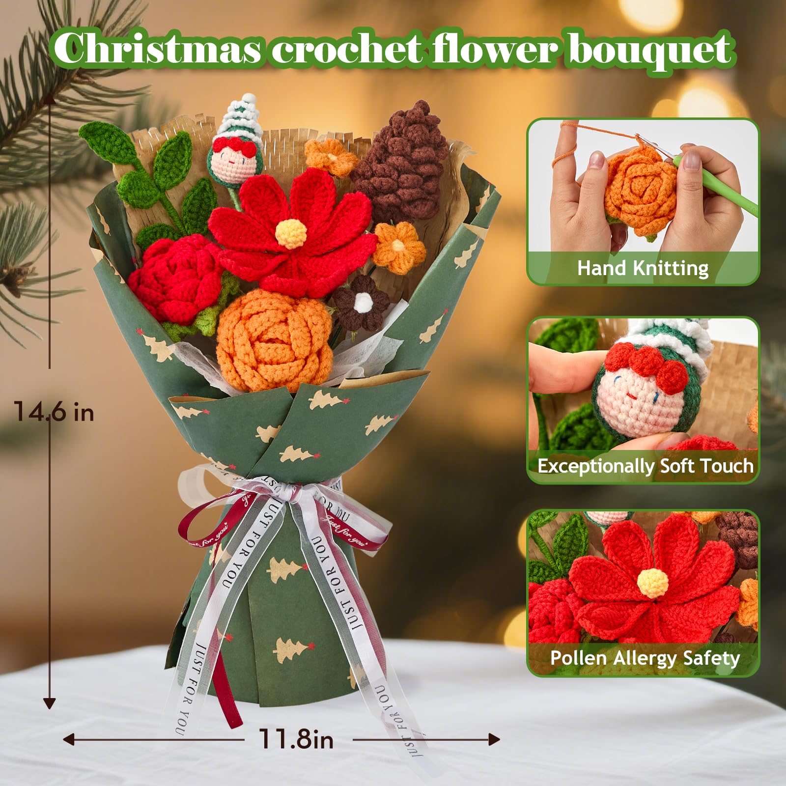 Handmade Crochet Flower Christmas Knitted Bouquet Green Completed Holiday Gift