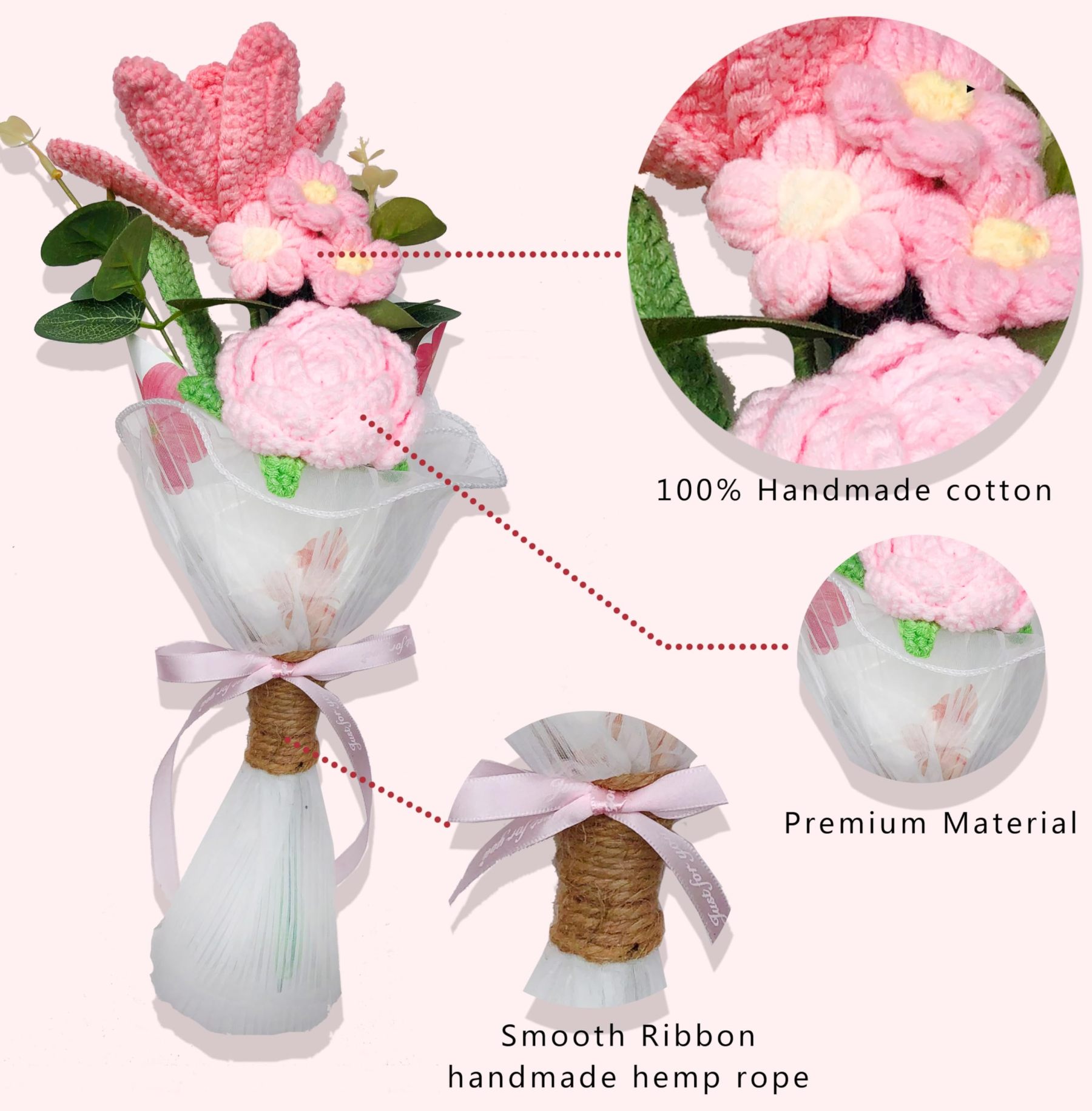 Handmade Crochet Flowers Bouquet with Pink Roses, Pink Tulips, Pink Daisy for Holiday, Birthday, Home Decor