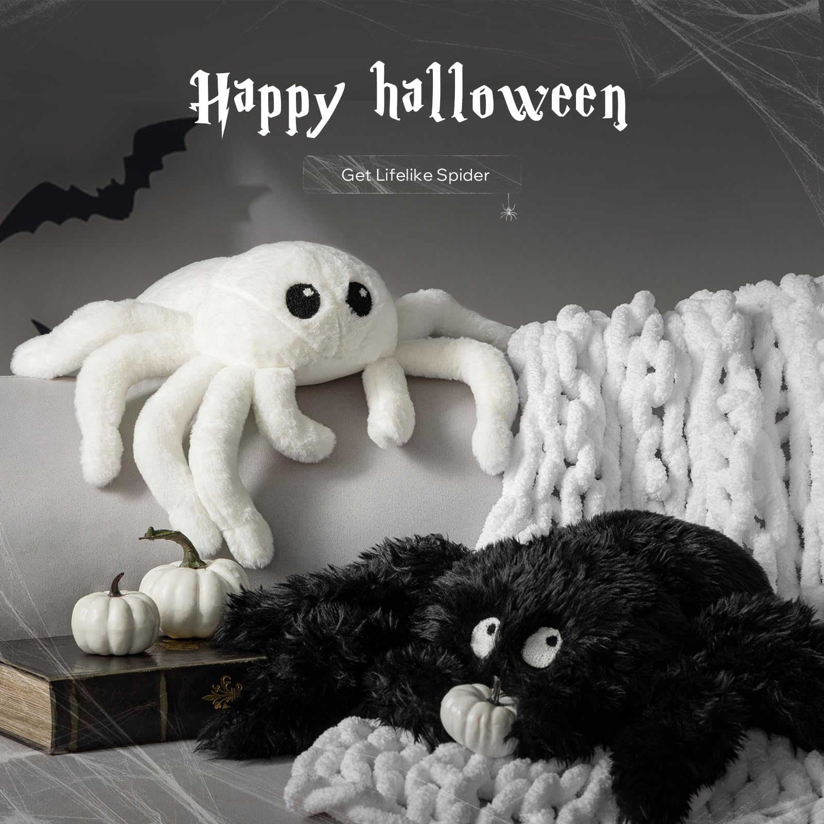 Happy Halloween Spider Shaped Throw Pillow, Faux Fur Fluffy Tarantula Shaped Halloween Cushion Pillow, White, 9 x 16 inch
