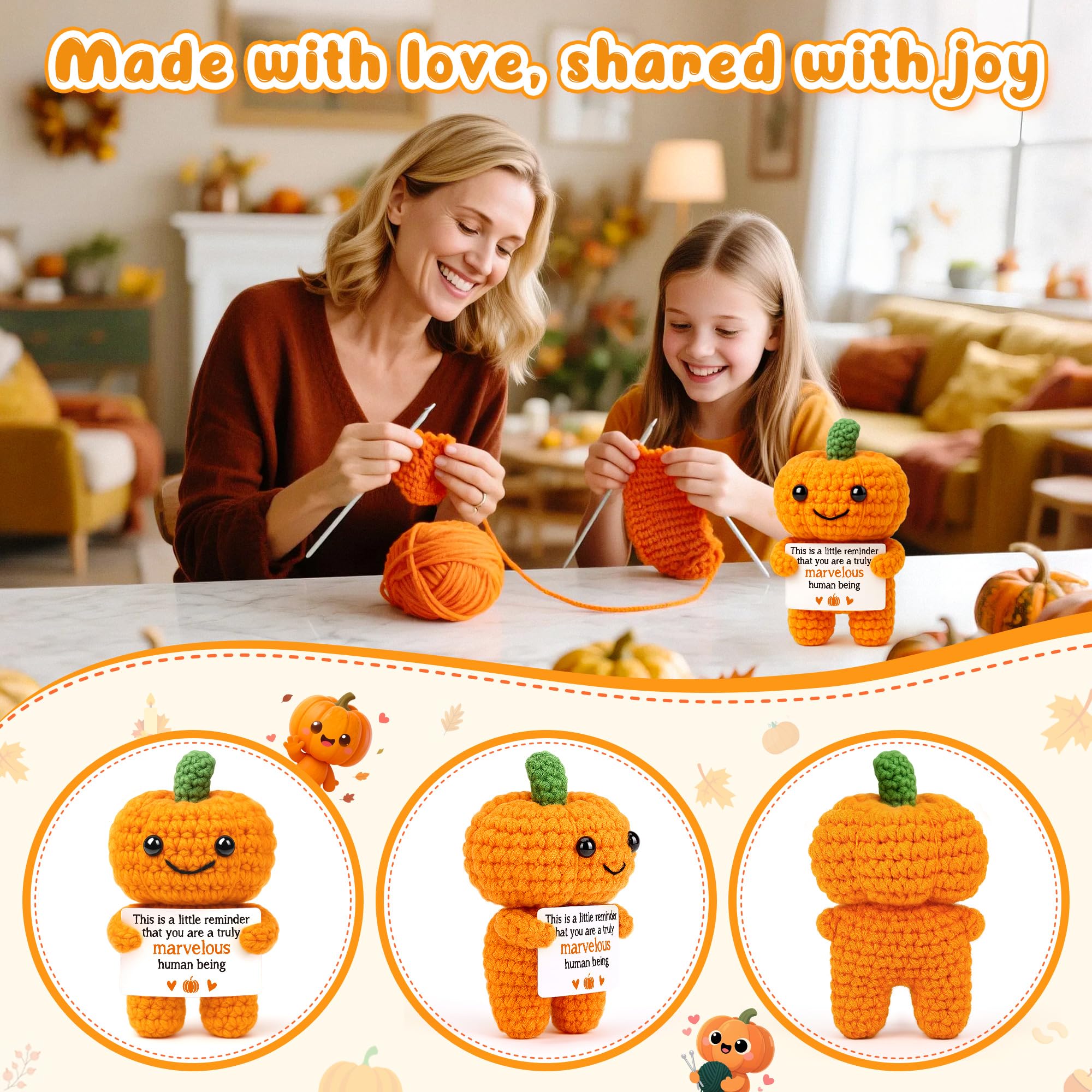 Funny Positive Pumpkin Emotional Crochet Support Gifts Halloween Decorations Handmade Indoor Gifts Fall Thanksgiving Decorations for Home Halloween Basket 
