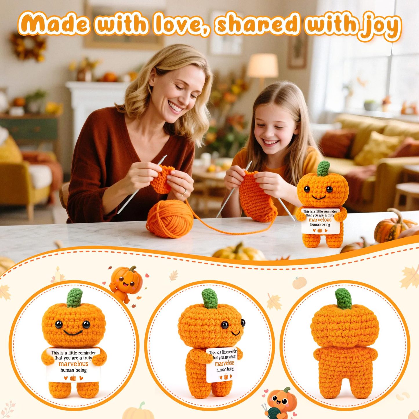 Funny Positive Pumpkin Emotional Crochet Support Gifts Halloween Decorations Handmade Indoor Gifts Fall Thanksgiving Decorations for Home Halloween Basket 