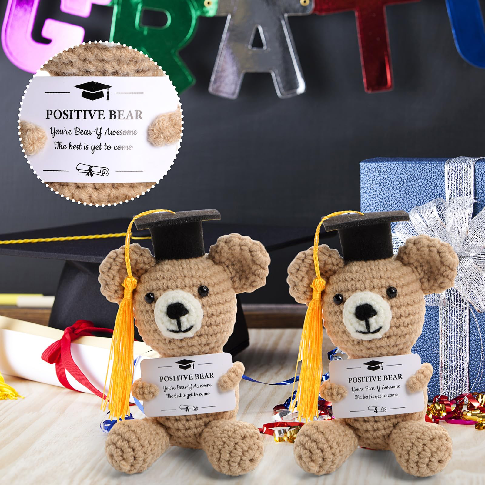 Bear Handmade gift Graduation Positive Crochet Animals Gifts Set Grad Emotional Crochet Dolls with Positive Messages Graduation Stuffed Animal of 2025 Grad Gifts for High School College