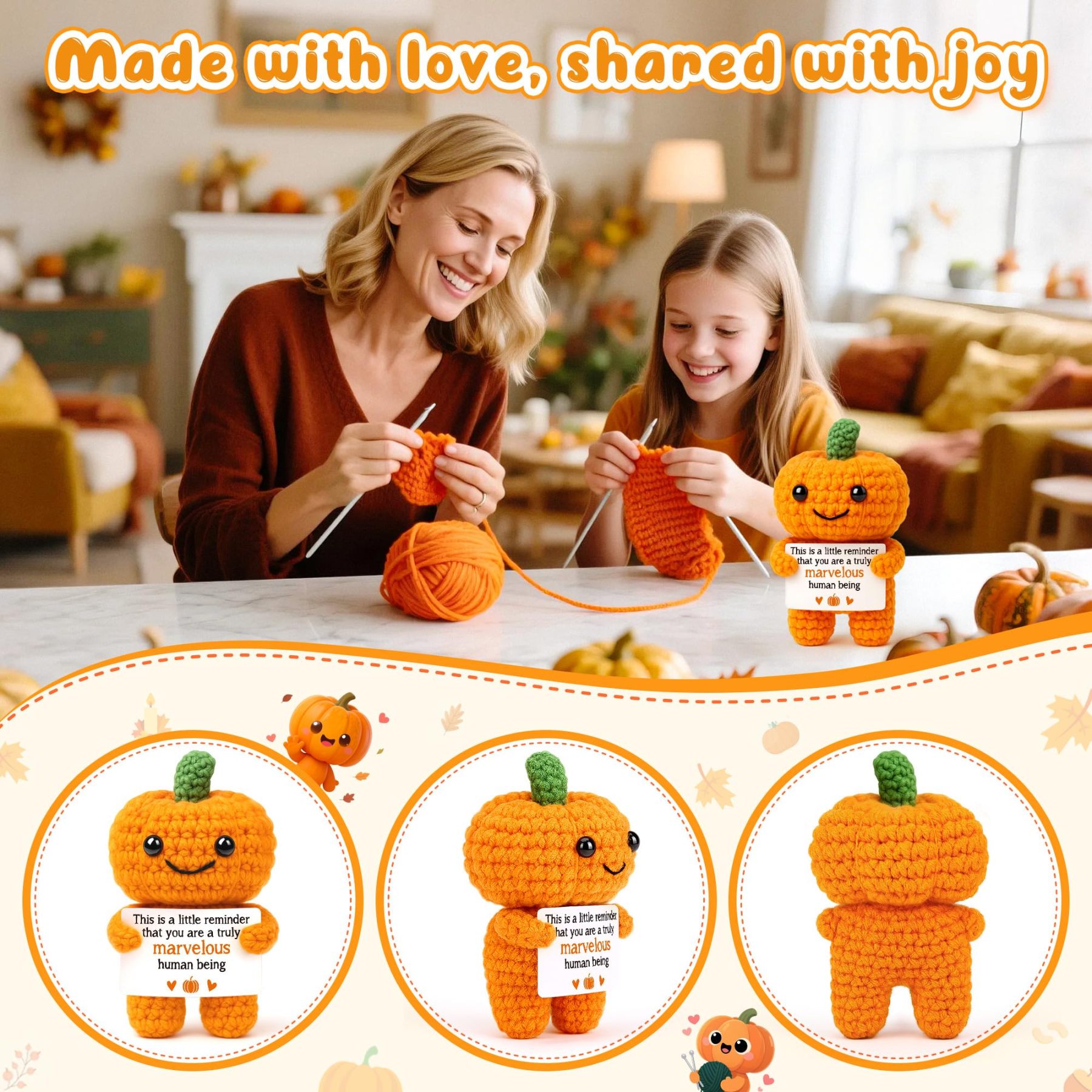 Funny Positive Pumpkin Emotional Crochet Support Gifts Halloween Decorations Handmade Indoor Gifts Fall Thanksgiving Decorations for Home Halloween Basket 