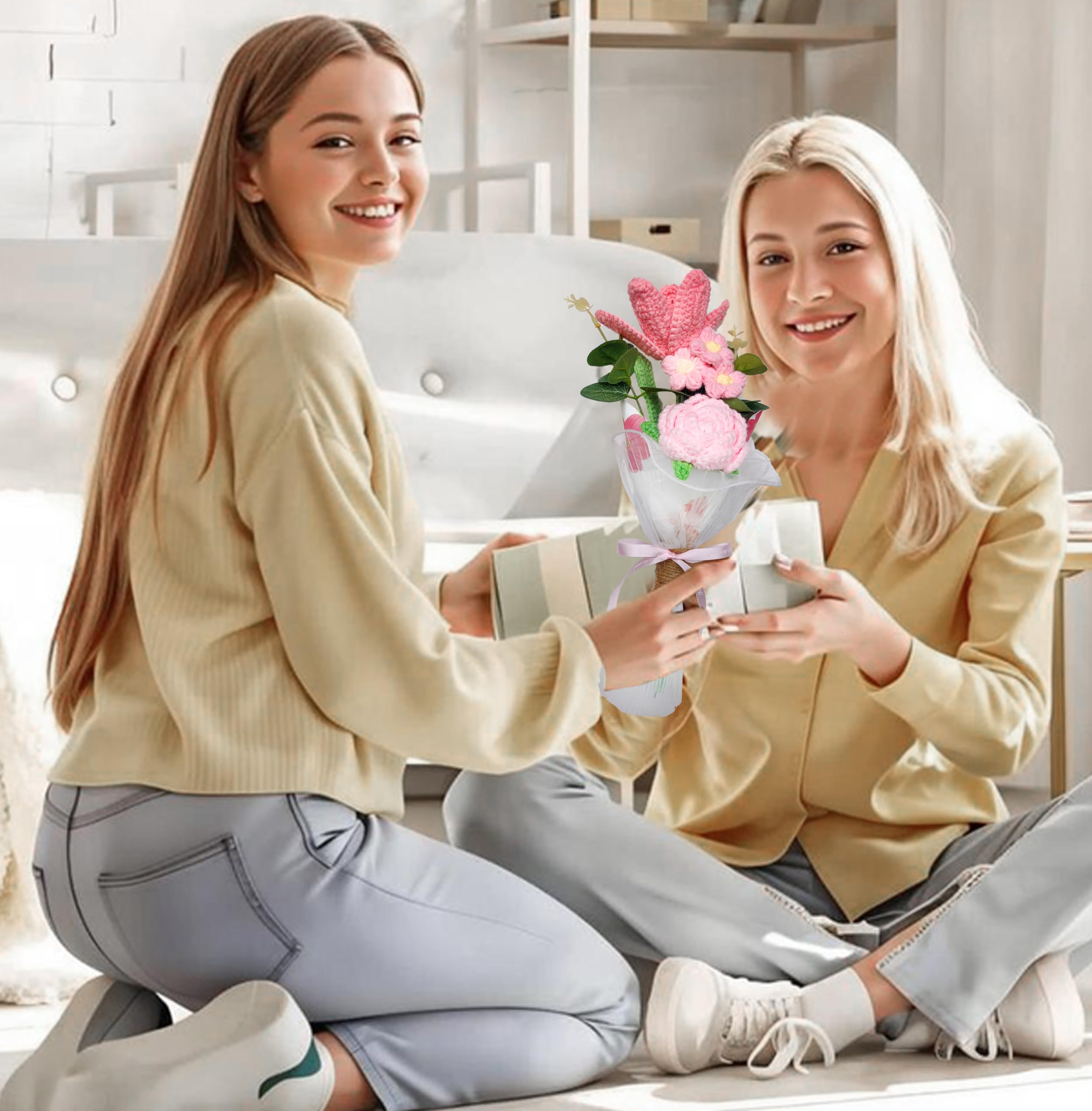 Handmade Crochet Flowers Bouquet with Pink Roses, Pink Tulips, Pink Daisy for Holiday, Birthday, Home Decor