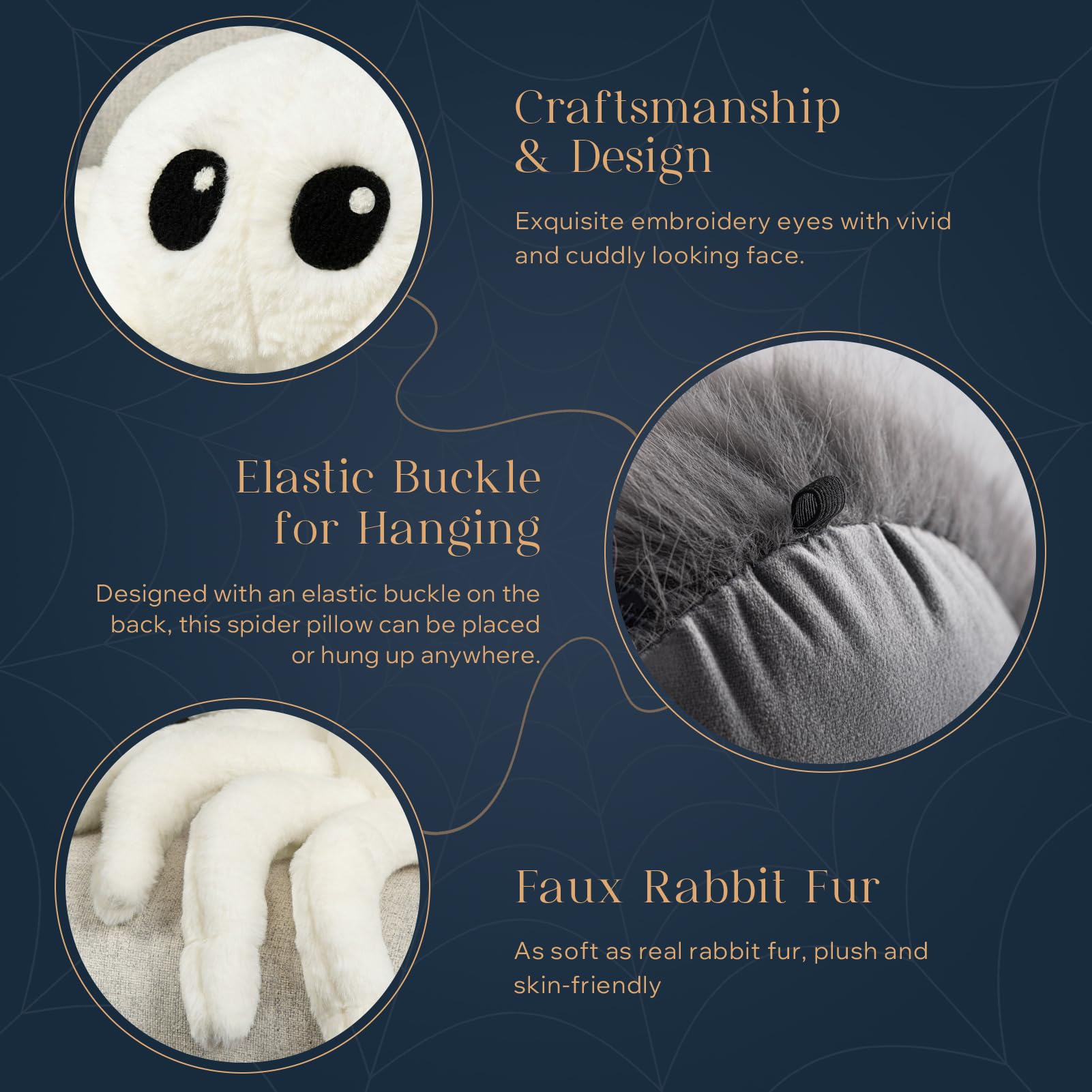 Happy Halloween Spider Shaped Throw Pillow, Faux Fur Fluffy Tarantula Shaped Halloween Cushion Pillow, White, 9 x 16 inch