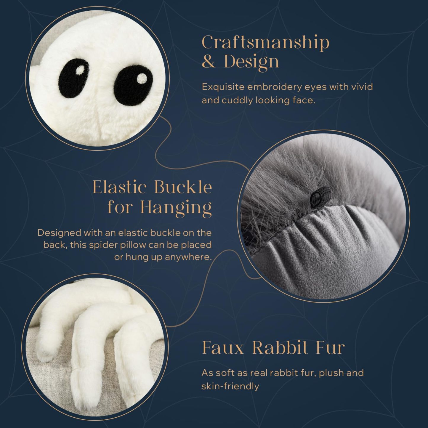 Happy Halloween Spider Shaped Throw Pillow, Faux Fur Fluffy Tarantula Shaped Halloween Cushion Pillow, White, 9 x 16 inch