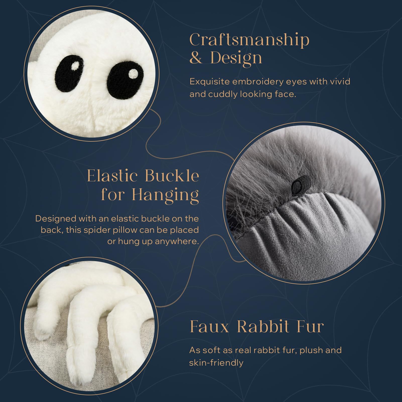 Happy Halloween Spider Shaped Throw Pillow, Faux Fur Fluffy Tarantula Shaped Halloween Cushion Pillow, White, 9 x 16 inch