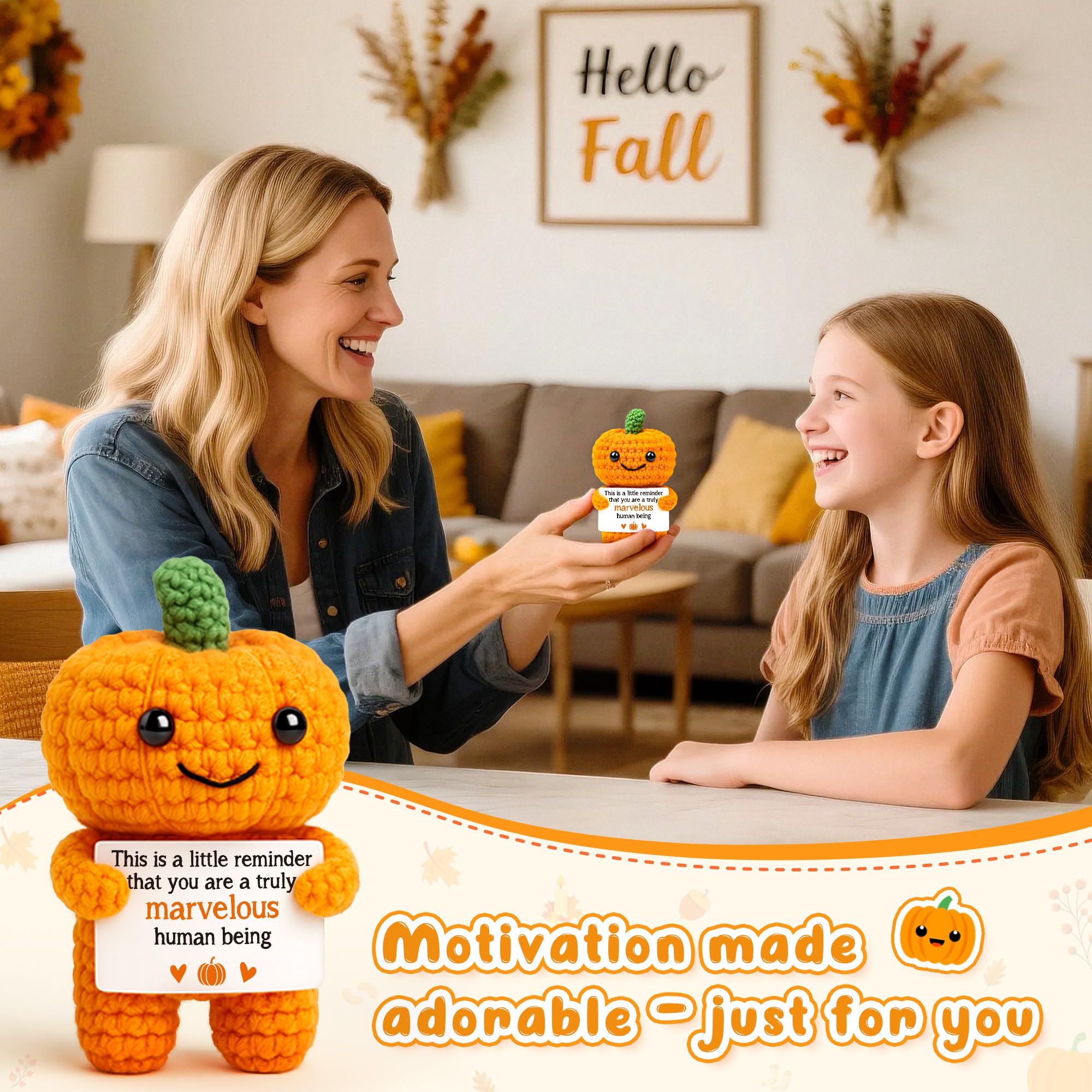 Funny Positive Pumpkin Emotional Crochet Support Gifts Halloween Decorations Handmade Indoor Gifts Fall Thanksgiving Decorations for Home Halloween Basket 