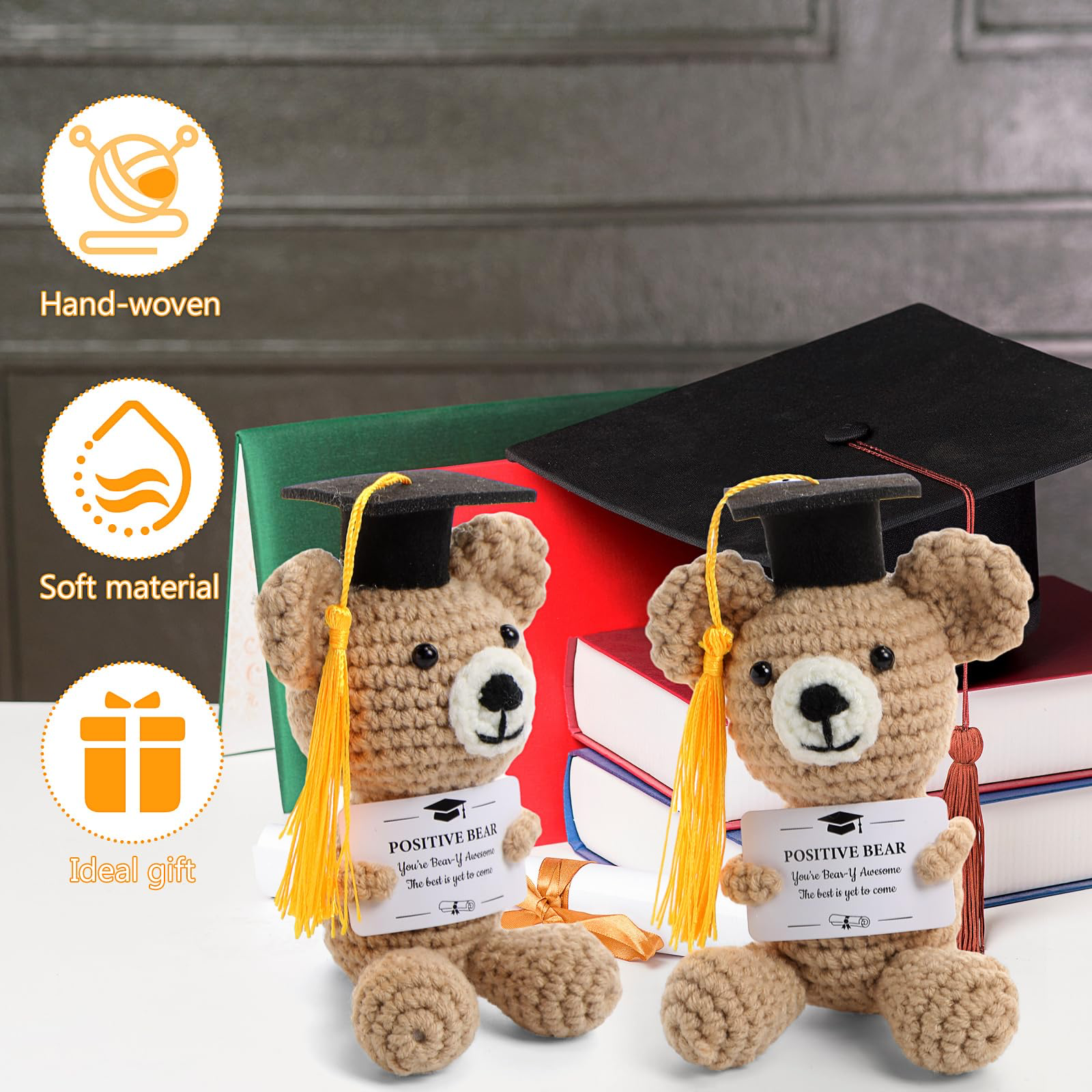 Bear Handmade gift Graduation Positive Crochet Animals Gifts Set Grad Emotional Crochet Dolls with Positive Messages Graduation Stuffed Animal of 2025 Grad Gifts for High School College