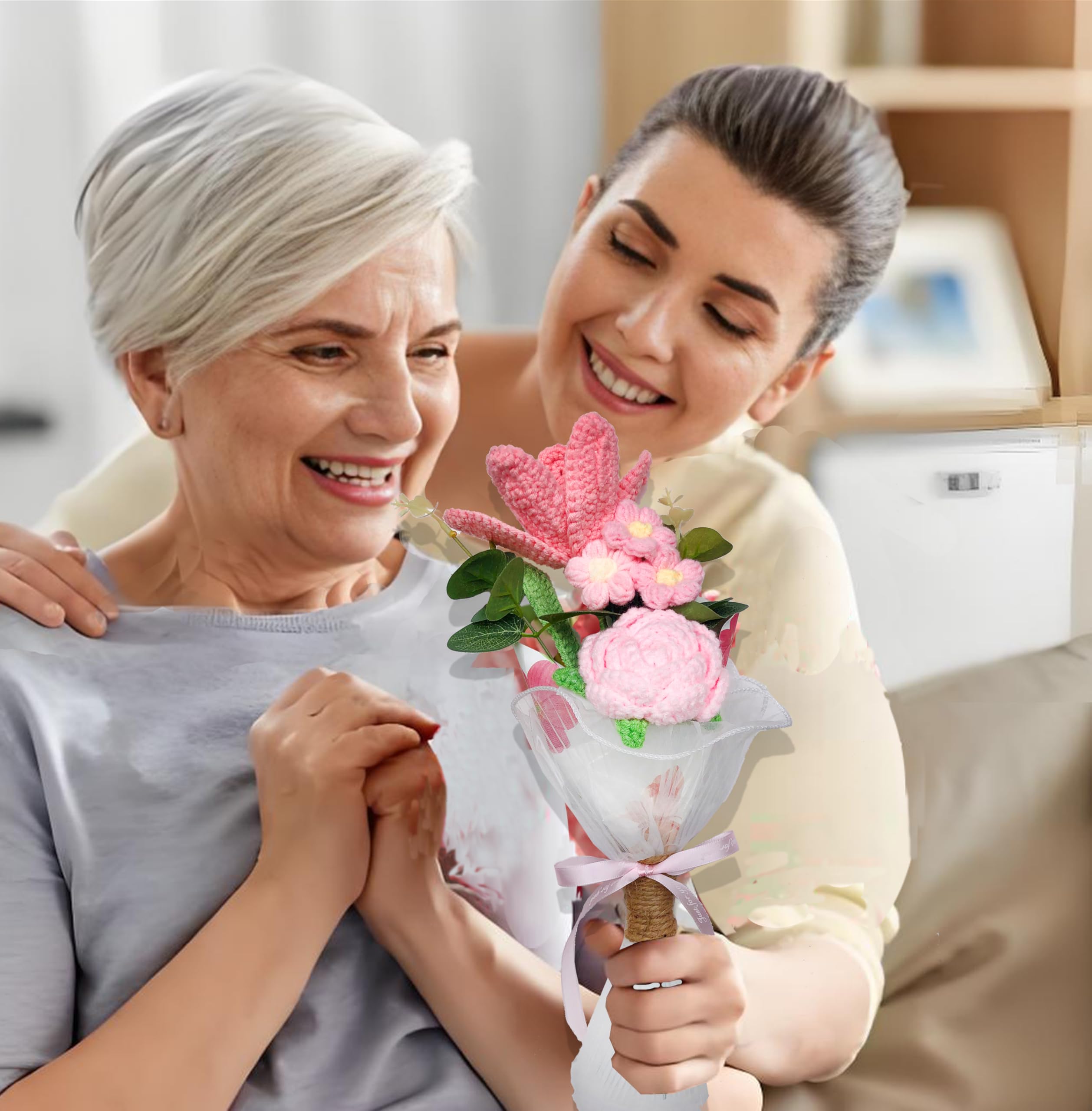 Handmade Crochet Flowers Bouquet with Pink Roses, Pink Tulips, Pink Daisy for Holiday, Birthday, Home Decor