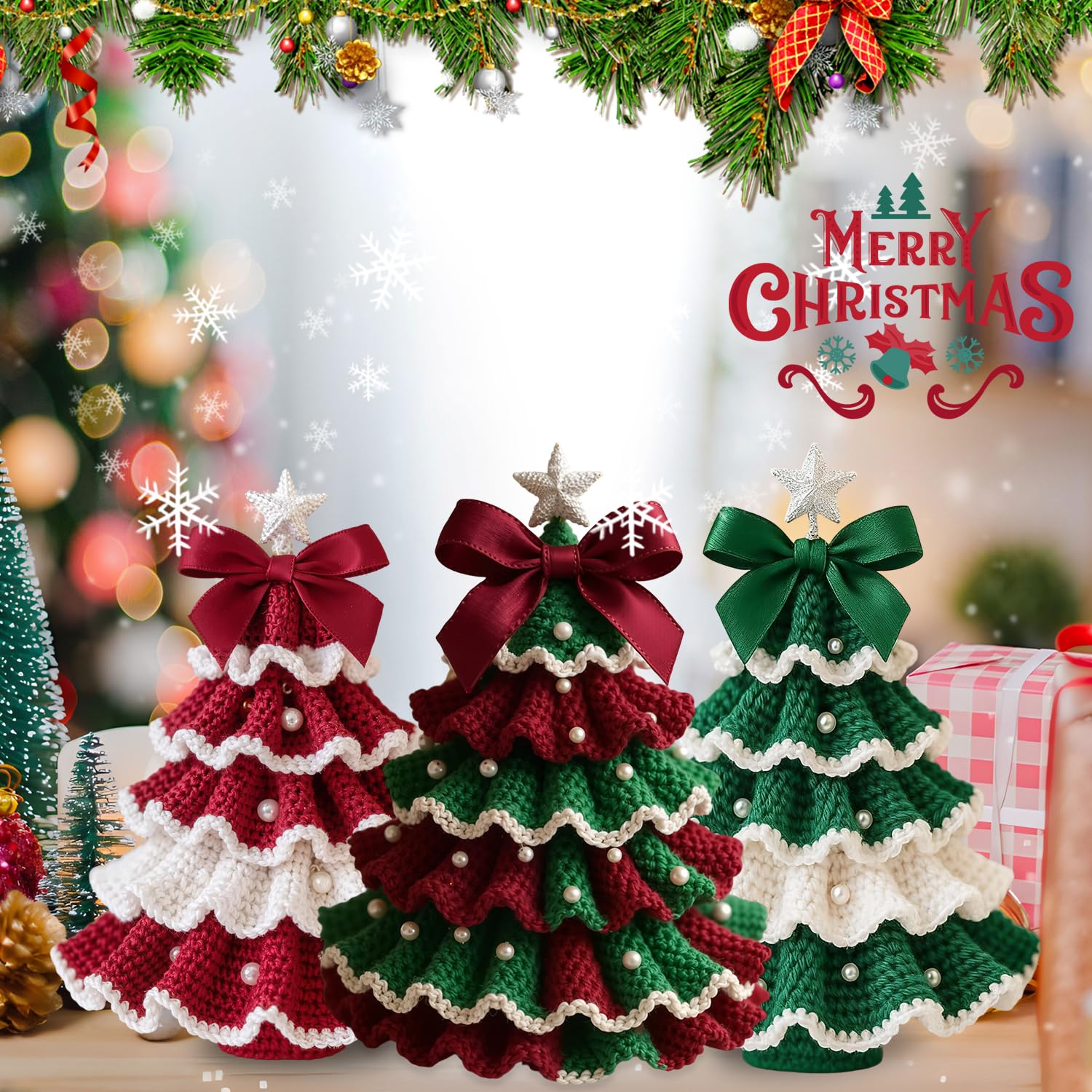 Handmade Crochet Christmas Tree Bow Decoration Knitted Doll Holiday Gift