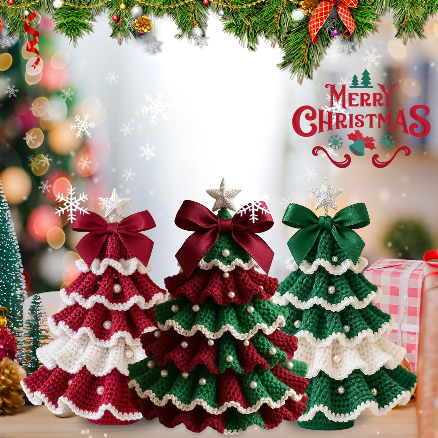 Handmade Crochet Christmas Tree Bow Decoration Knitted Doll Holiday Gift