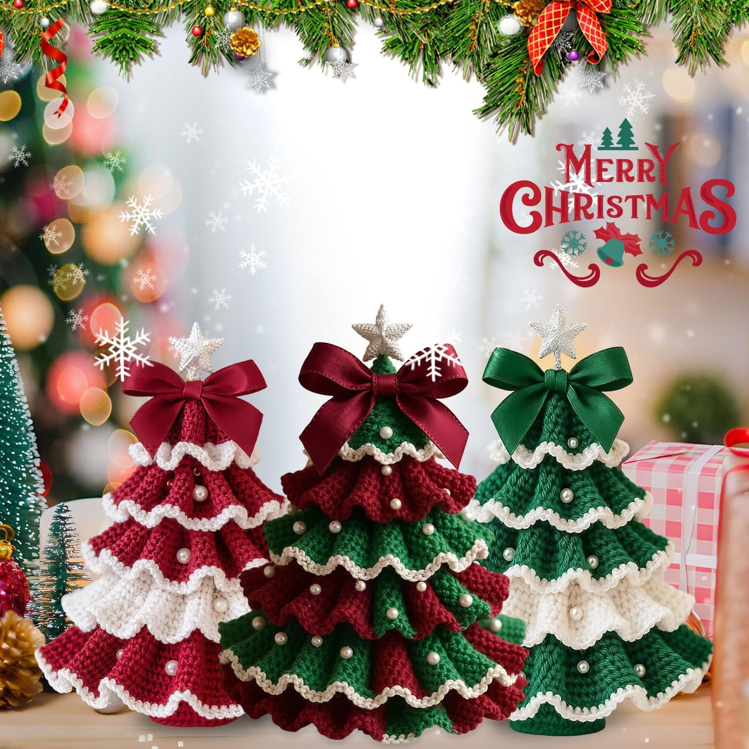 Handmade Crochet Christmas Tree Bow Decoration Knitted Doll Holiday Gift