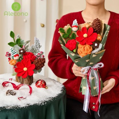 Handmade Crochet Flower Christmas Knitted Bouquet Green Completed Holiday Gift