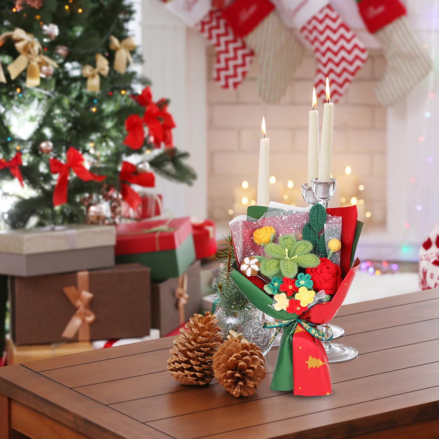 Handmade Christmas Crochet Flower Knitted Bouquet with Exquisite Wrap Crochet Flower Arrangements Holiday Gift