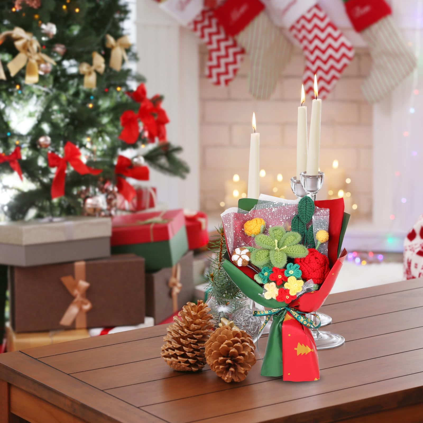 Handmade Christmas Crochet Flower Knitted Bouquet with Exquisite Wrap Crochet Flower Arrangements Holiday Gift
