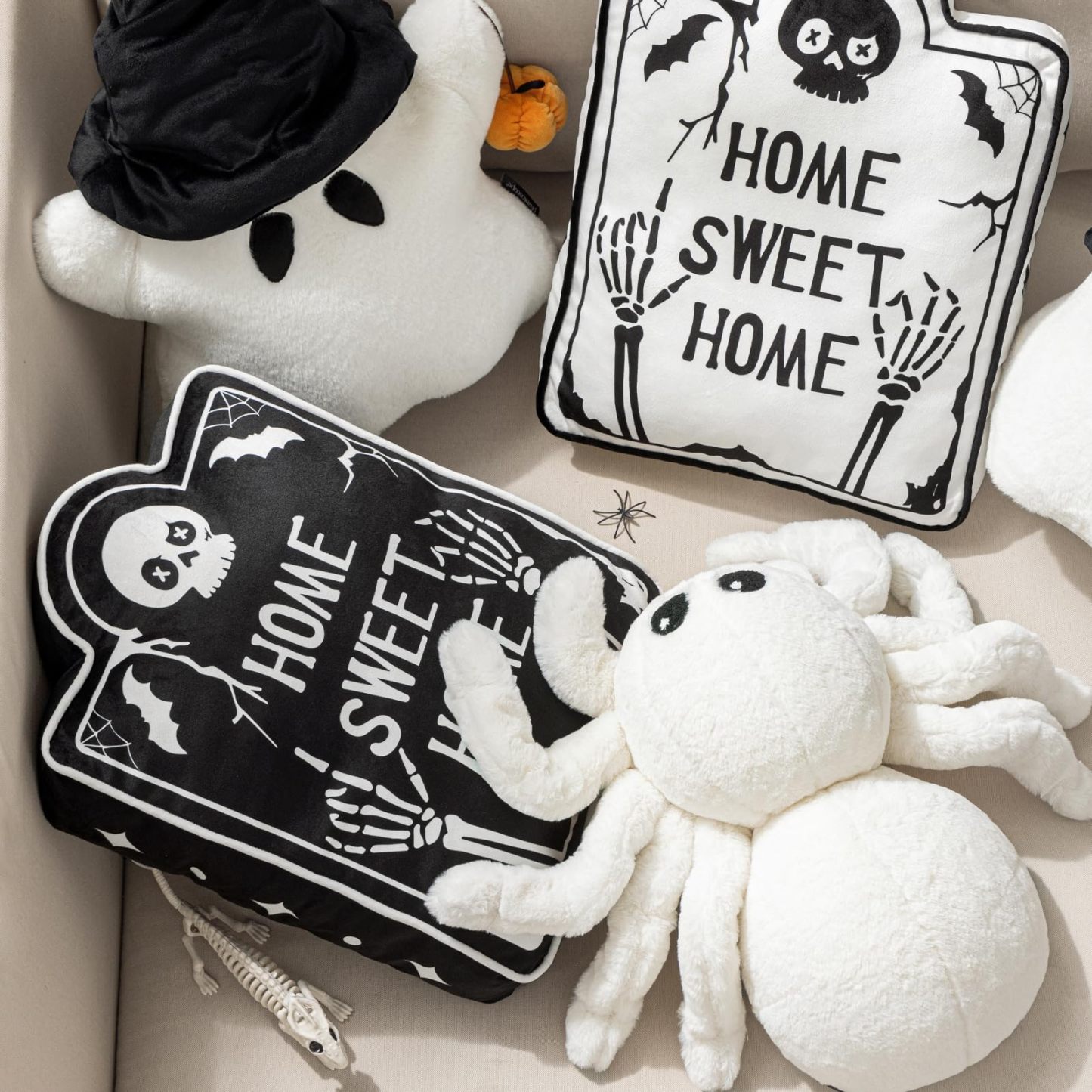 Happy Halloween Spider Shaped Throw Pillow, Faux Fur Fluffy Tarantula Shaped Halloween Cushion Pillow, White, 9 x 16 inch