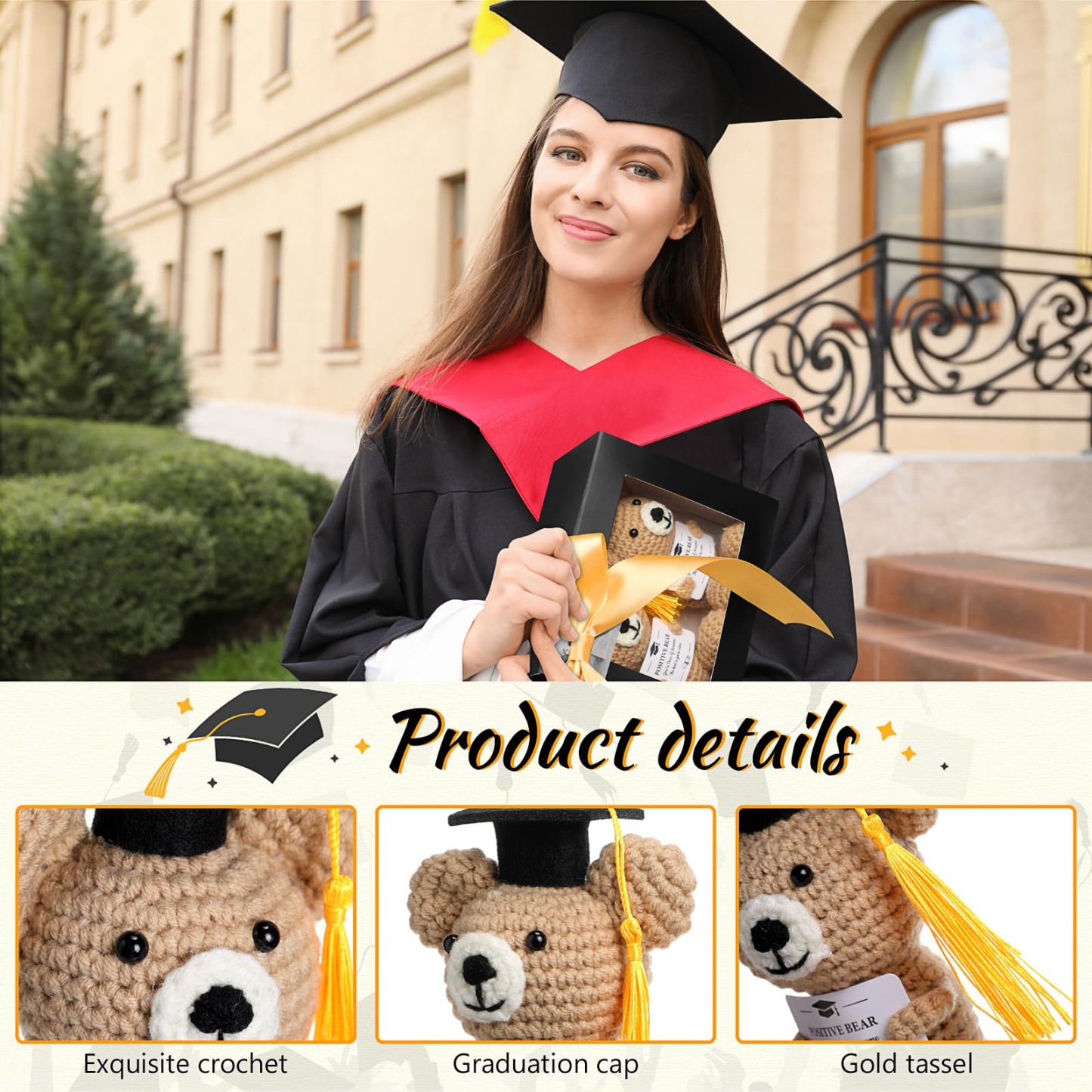 Bear Handmade gift Graduation Positive Crochet Animals Gifts Set Grad Emotional Crochet Dolls with Positive Messages Graduation Stuffed Animal of 2025 Grad Gifts for High School College