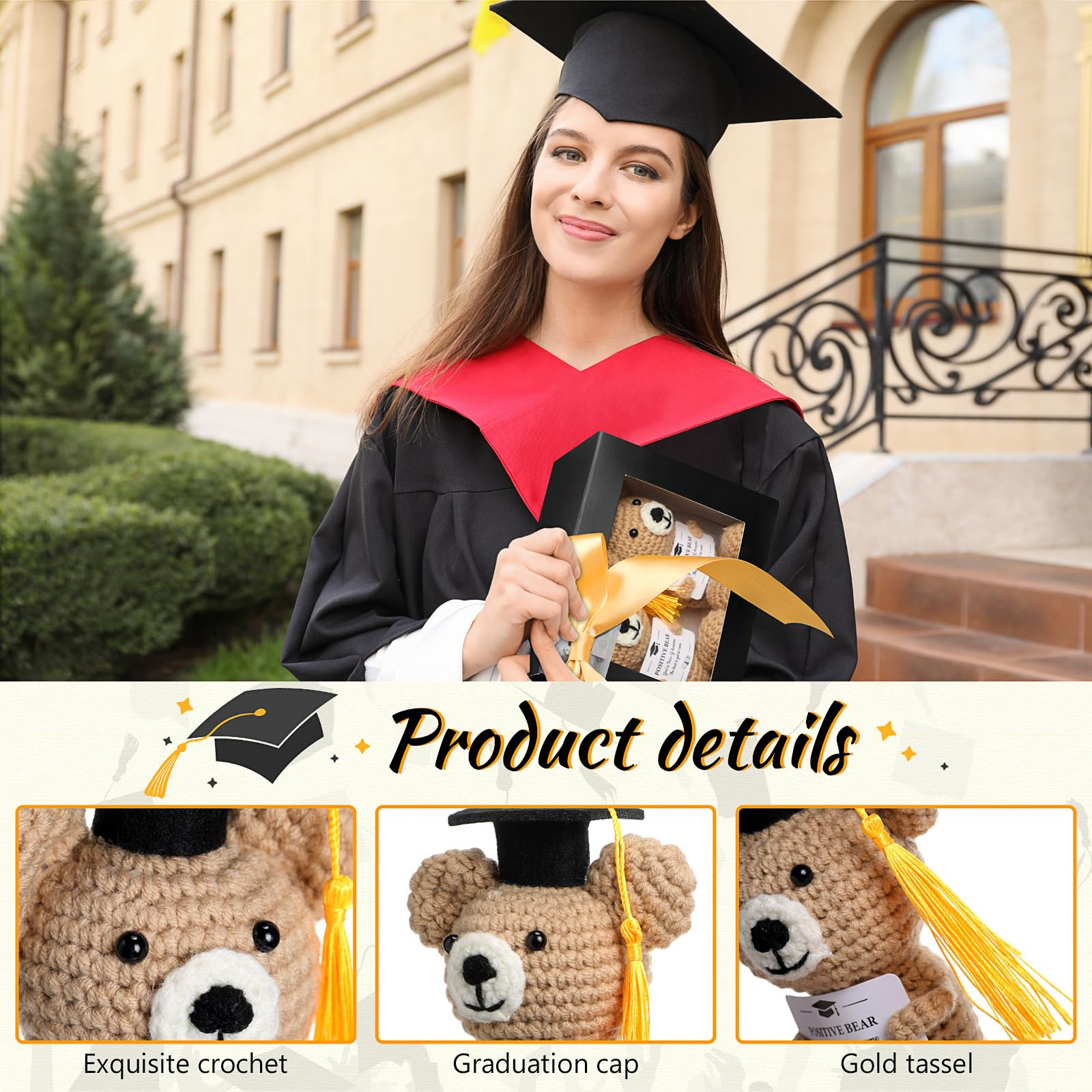 Bear Handmade gift Graduation Positive Crochet Animals Gifts Set Grad Emotional Crochet Dolls with Positive Messages Graduation Stuffed Animal of 2025 Grad Gifts for High School College