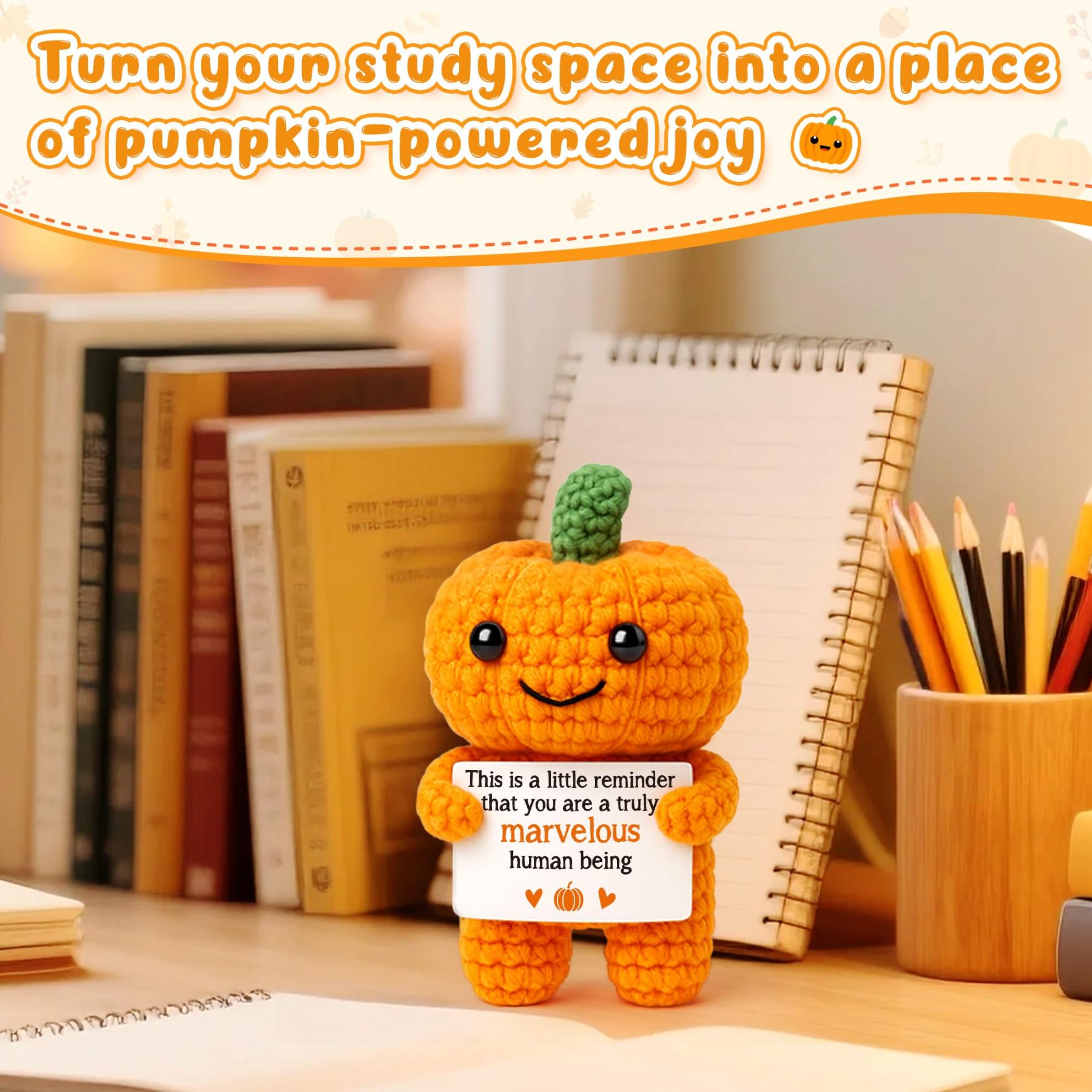 Funny Positive Pumpkin Emotional Crochet Support Gifts Halloween Decorations Handmade Indoor Gifts Fall Thanksgiving Decorations for Home Halloween Basket 