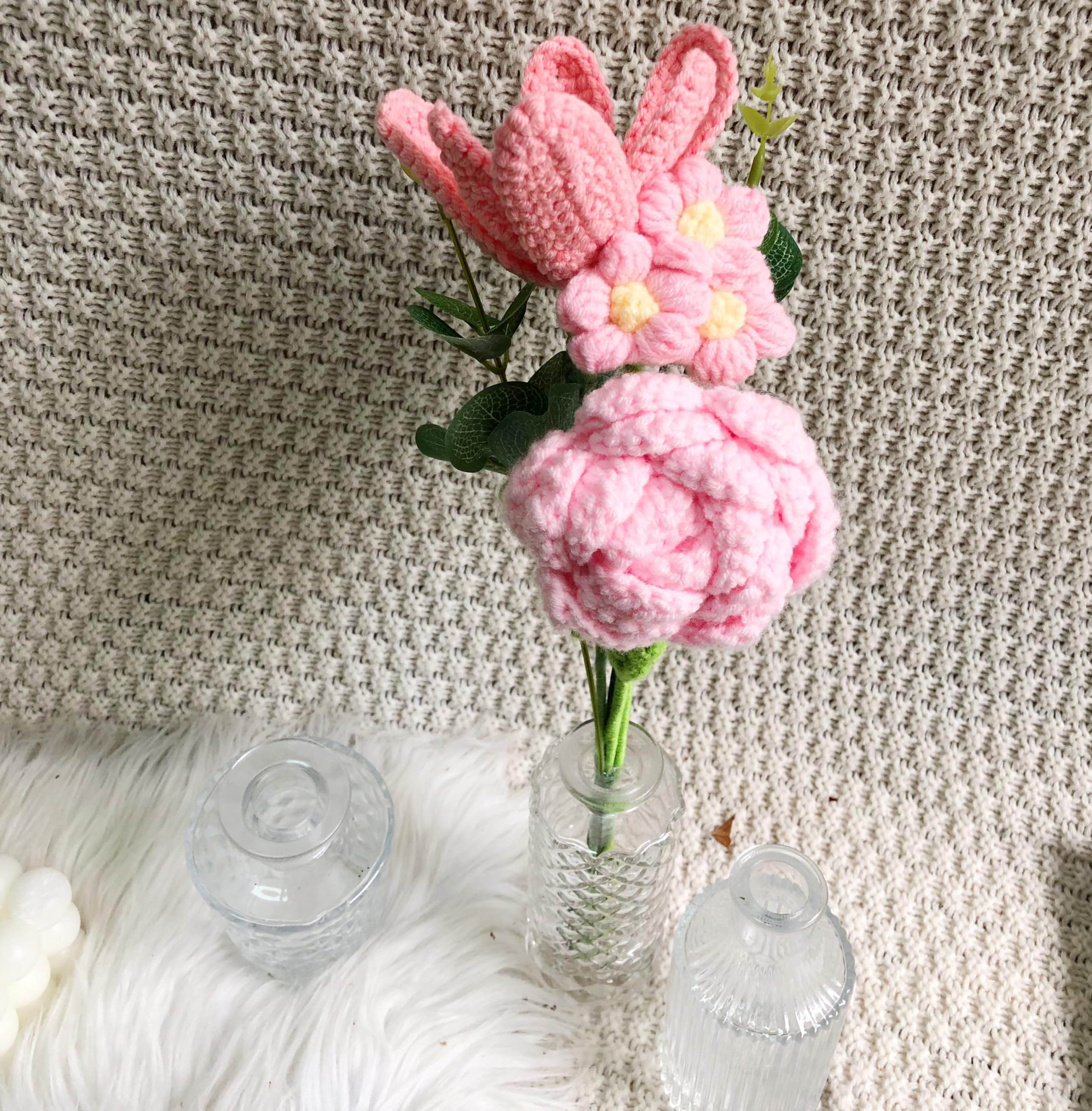 Handmade Crochet Flowers Bouquet with Pink Roses, Pink Tulips, Pink Daisy for Holiday, Birthday, Home Decor