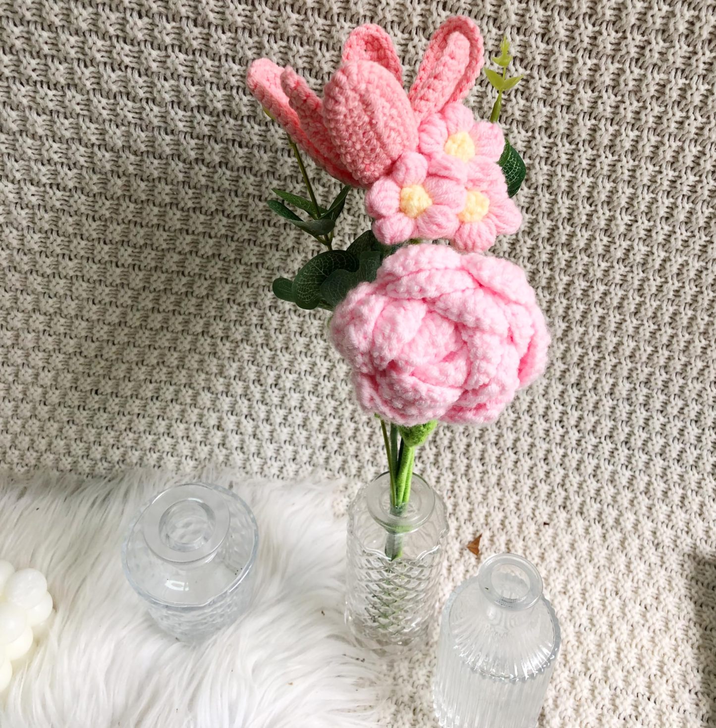 Handmade Crochet Flowers Bouquet with Pink Roses, Pink Tulips, Pink Daisy for Holiday, Birthday, Home Decor