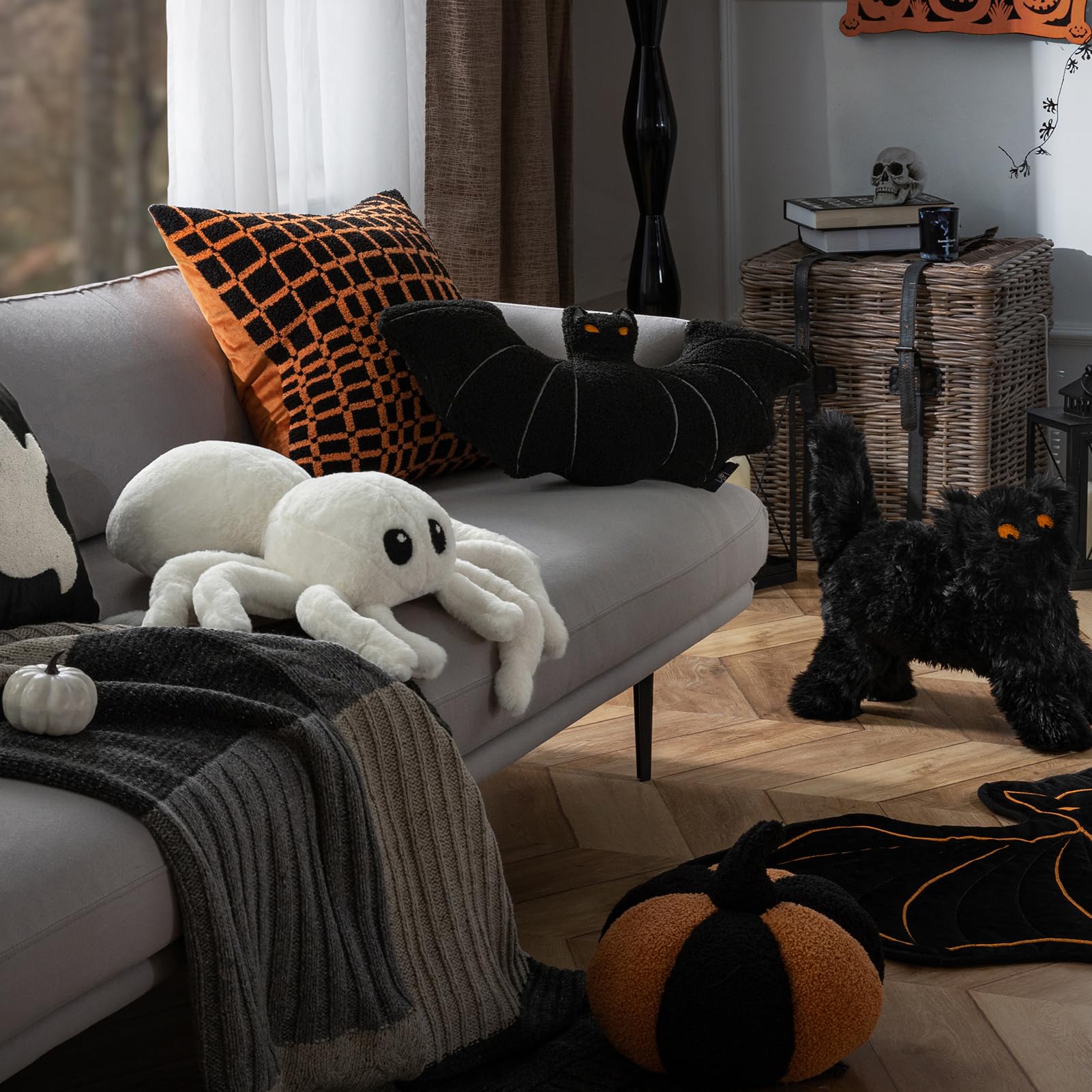 Happy Halloween Spider Shaped Throw Pillow, Faux Fur Fluffy Tarantula Shaped Halloween Cushion Pillow, White, 9 x 16 inch