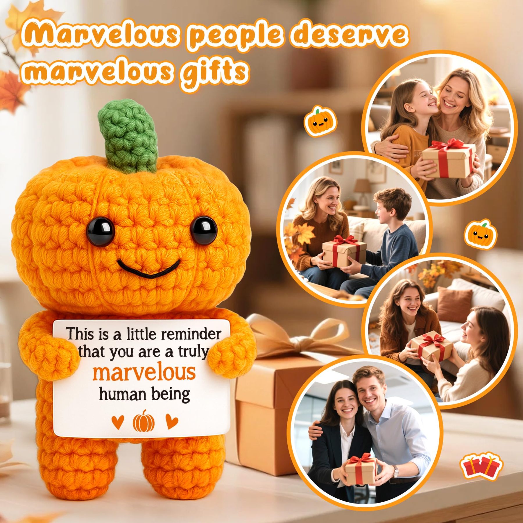 Funny Positive Pumpkin Emotional Crochet Support Gifts Halloween Decorations Handmade Indoor Gifts Fall Thanksgiving Decorations for Home Halloween Basket 