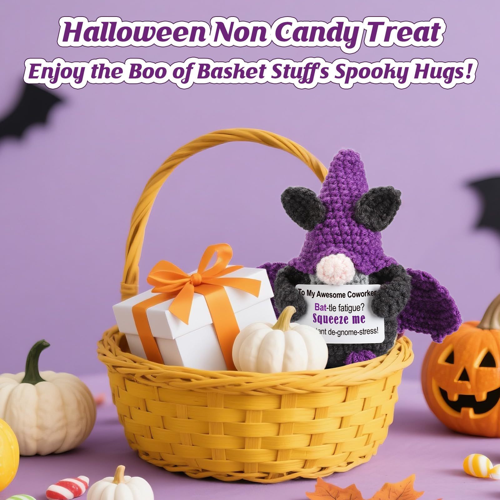 Halloween Bat Doll Gnome Gift for Coworkers Handmade Crochet Purple Gnome Holding Positive Note Halloween Treats Non Candy 