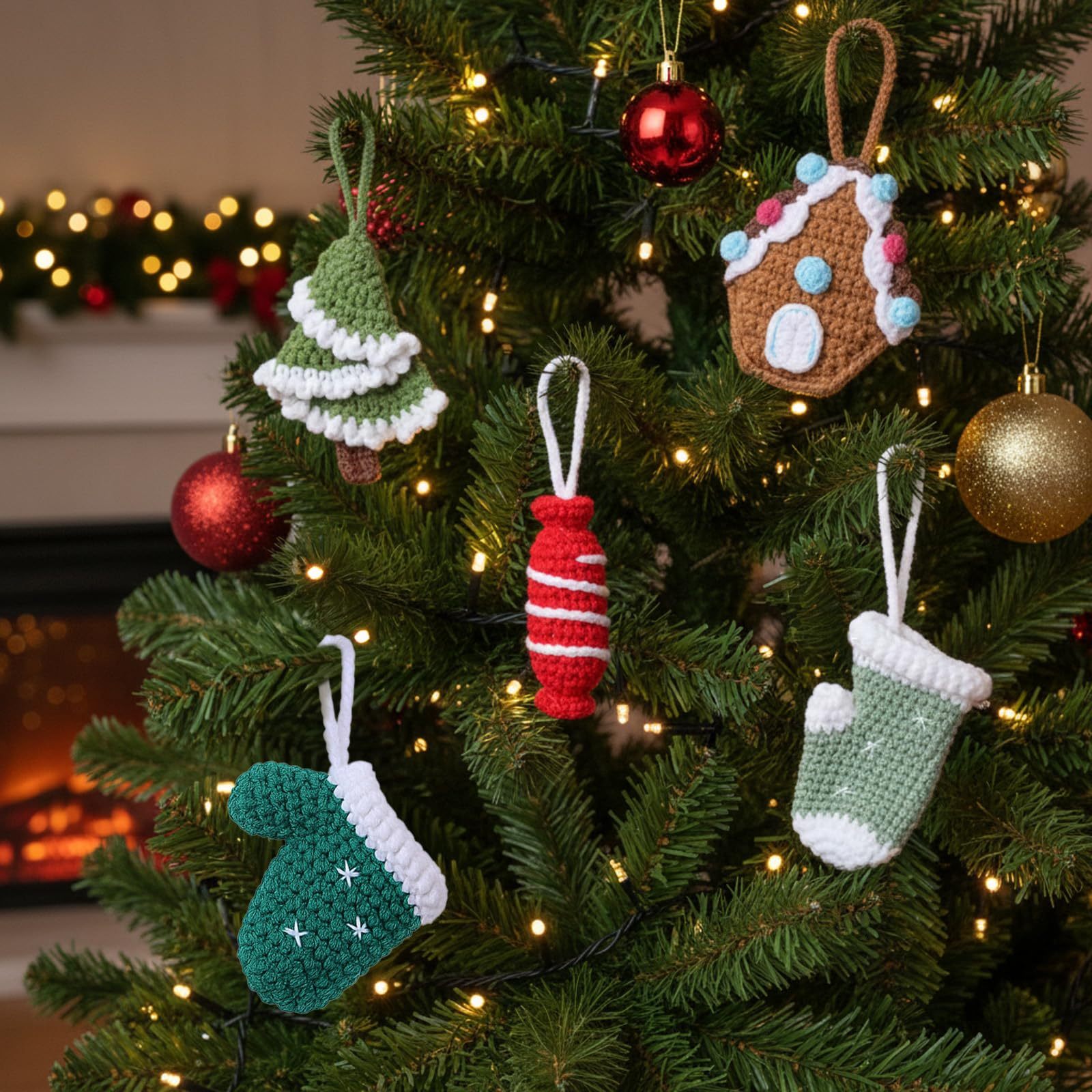 5 Pcs Handmade Crochet Christmas Tree Ornament Set Knitted Hanging Decor Stockings Candy Gloves Ornament
