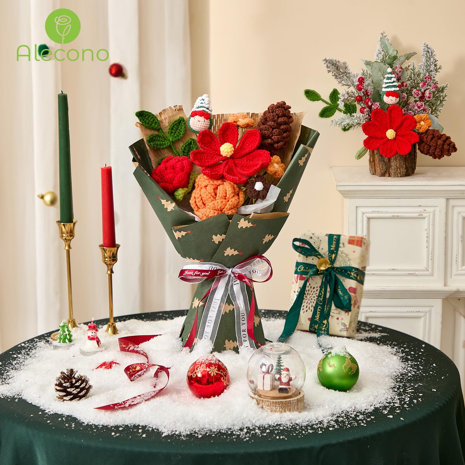 Handmade Crochet Flower Christmas Knitted Bouquet Green Completed Holiday Gift