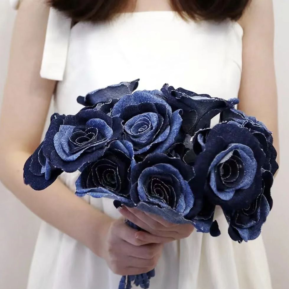 New Navy Blue DIY Fabric Rose Bouquet with Vintage