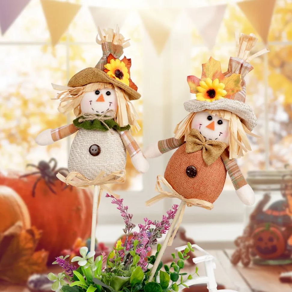 Thanksgiving Decorations Handmade Scarecrow Cartoon Wooden Stick Doll Couple  2 Pack
