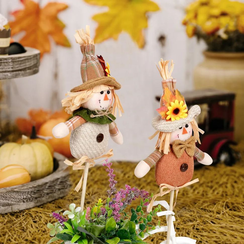 Thanksgiving Decorations Handmade Scarecrow Cartoon Wooden Stick Doll Couple  2 Pack for Home Decor