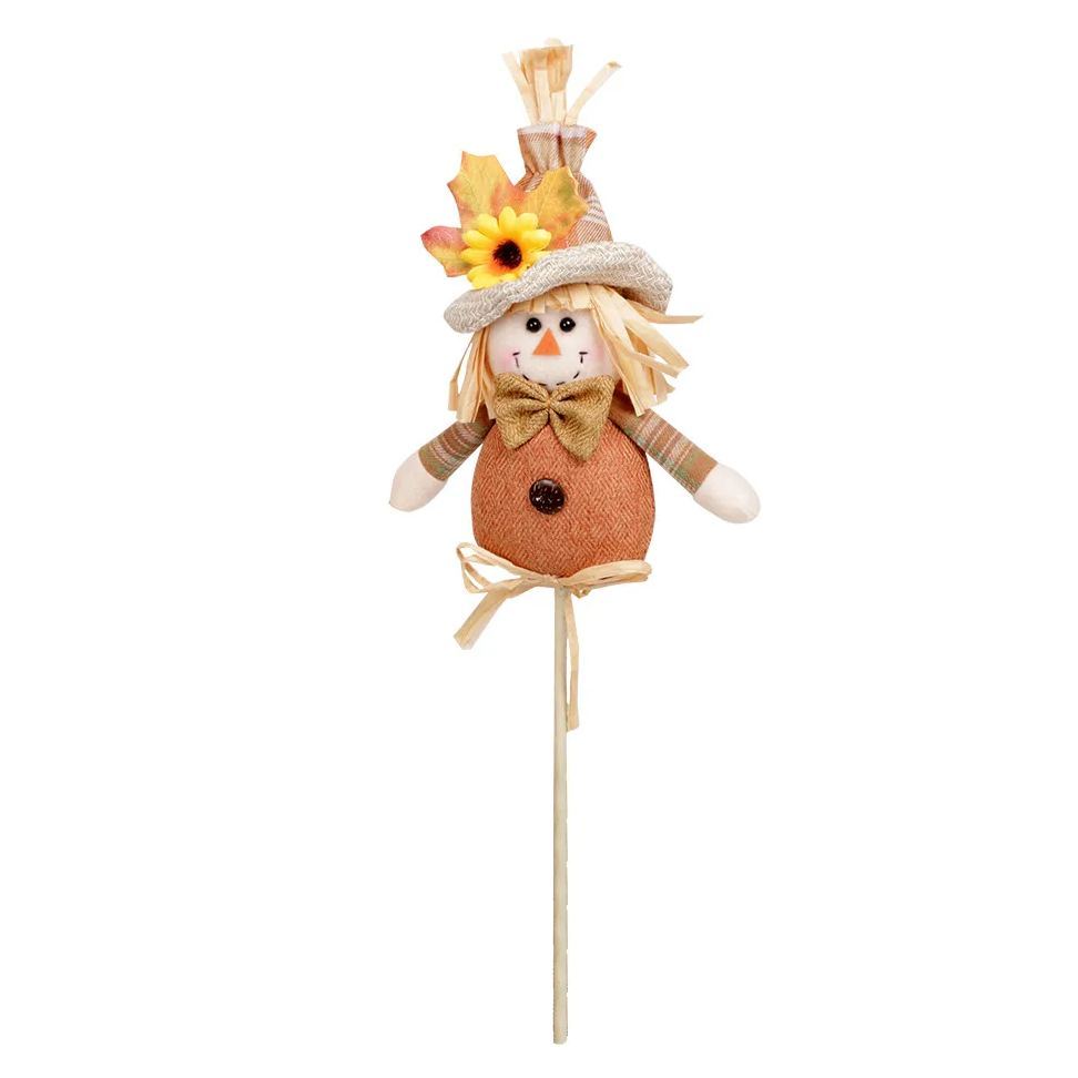 Thanksgiving Decorations Handmade Scarecrow Cartoon Wooden Stick Doll-Female