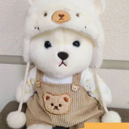 Polar Bear Hat + Overalls Set（Clothing Sets Only）30cm Lina Bear Jointed Plush Doll Dressed with Outfits for Creative Posing Cute Jointed Stuffed Animal Toy Gift for Girls