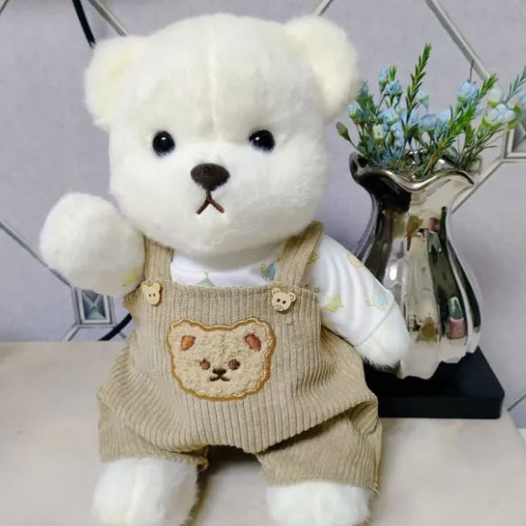White T-shirt + Overalls Set（Clothing Sets Only）30cm Lina Bear Jointed Plush Doll Dressed with Outfits for Creative Posing Cute Jointed Stuffed Animal Toy Gift for Girls