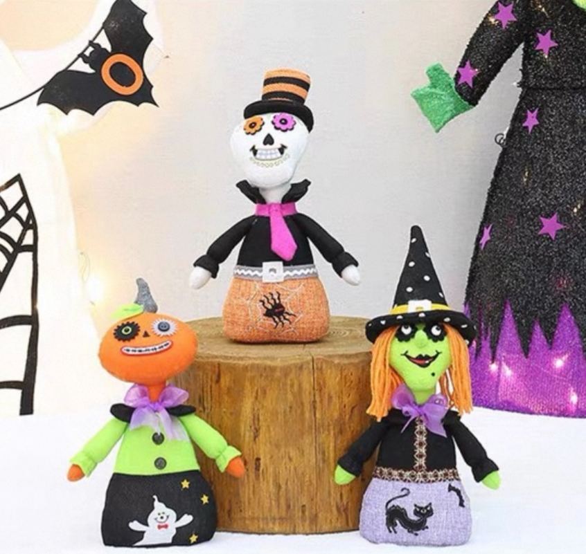 Halloween Dolls Pumpkin Head Skull Witch Plush Toy Machine-embroidered Fabric Ornaments