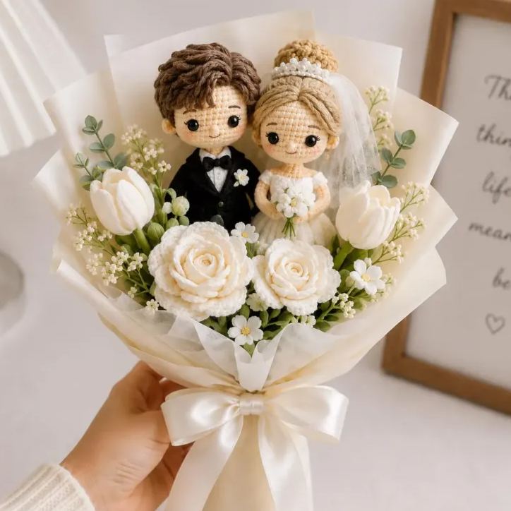 Handmade Crochet Wedding Couple Flower Bouquet Personalized Bride and Groom Dolls with Roses Unique Wedding 