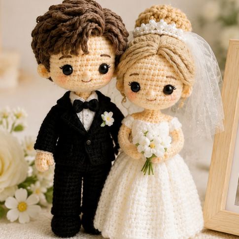 Handmade Crochet Wedding Couple Flower Bouquet Personalized Bride and Groom Dolls with Roses Unique Wedding 