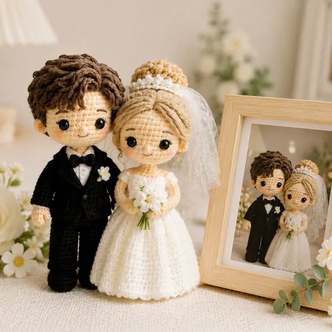 Handmade Crochet Wedding Couple Flower Bouquet Personalized Bride and Groom Dolls with Roses Unique Wedding 