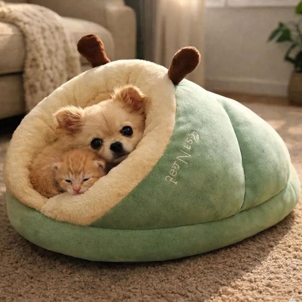 Cozy Green Fluffy Slipper-Shaped Pet Bed for Dogs and Cats