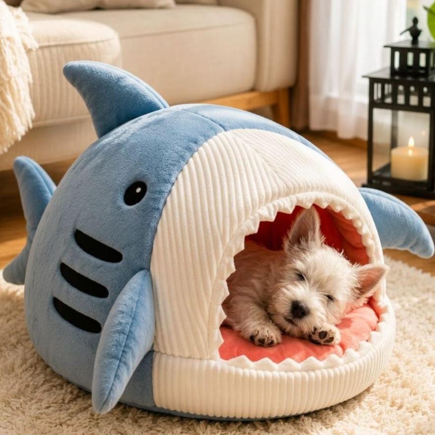 Shark Cat Bed – Cozy Plush Shark Cave Pet Bed for Cats and Small Dogs