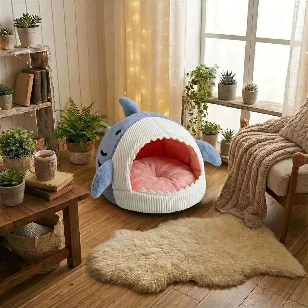 Shark Cat Bed – Cozy Plush Shark Cave Pet Bed for Cats and Small Dogs