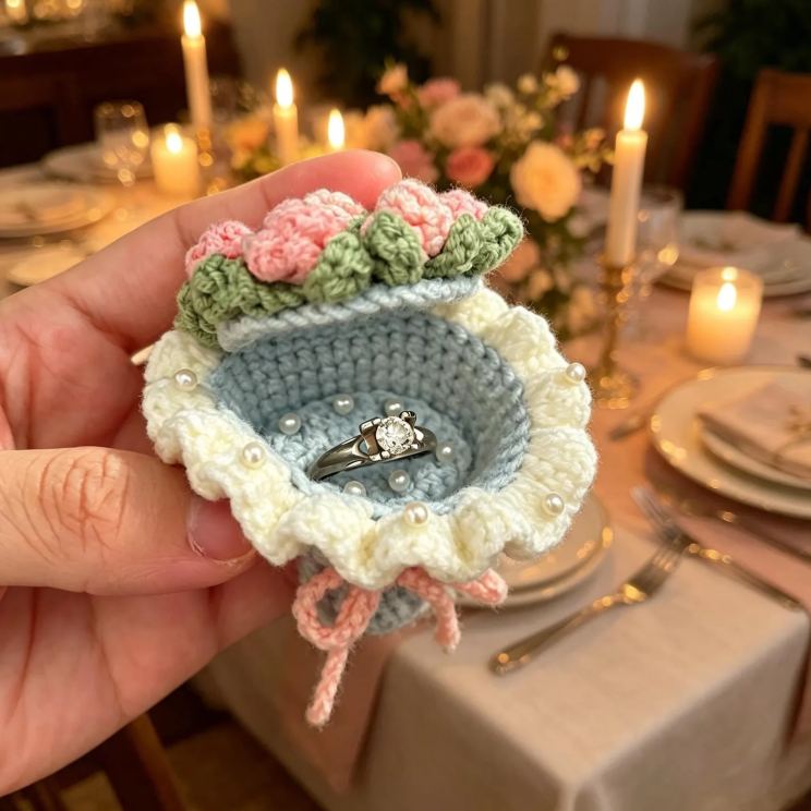 Crochet Flower Ring Box Handmade  Wedding Ideas Proposal Ring Holder Unique Bridesmaid Bride Gift